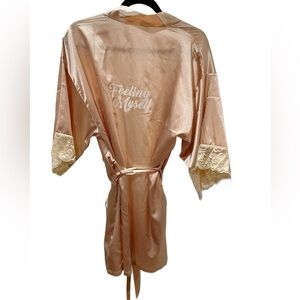 Custom “feeling myself” light Blush Pink Silky Lace Short Robe Bridal bath